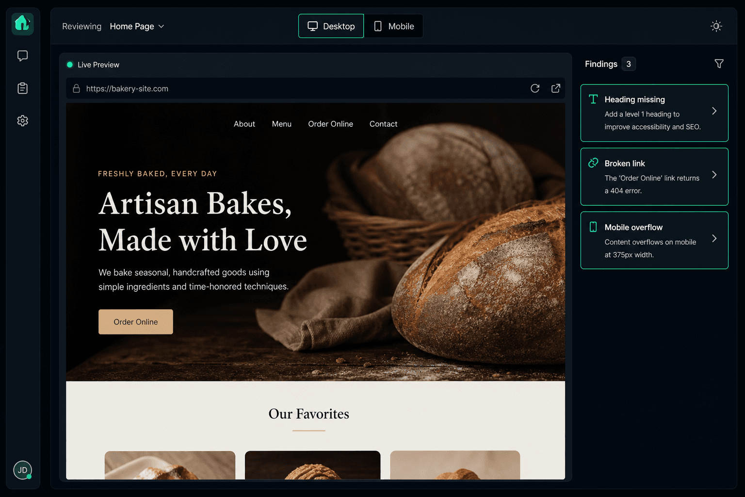Visual review findings over a live site preview