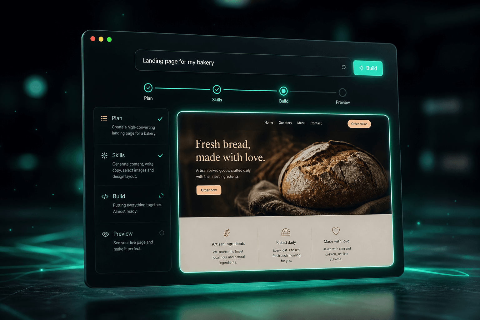 Plan, skills, isolated build, and live preview in one workspace