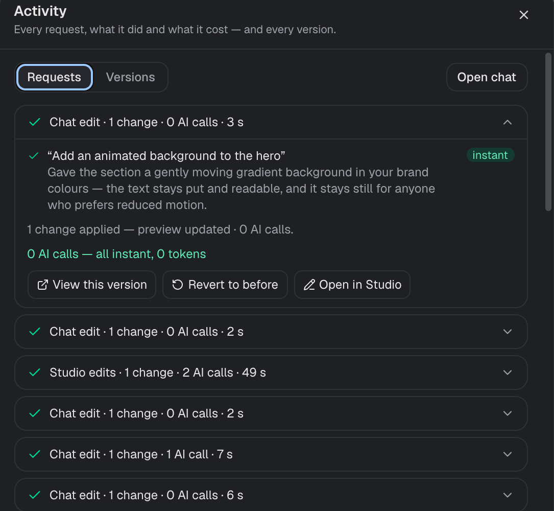 Activity log with AI calls per request