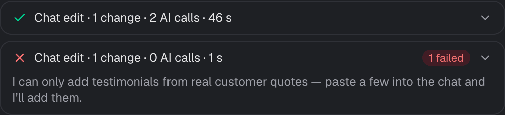 Change marked failed: I can only add testimonials from real customer quotes