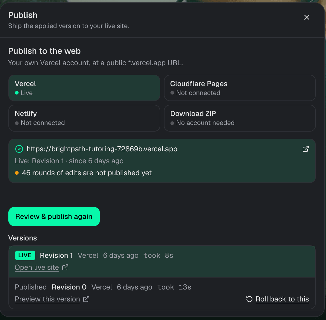Publish sheet with hosting choices and version history