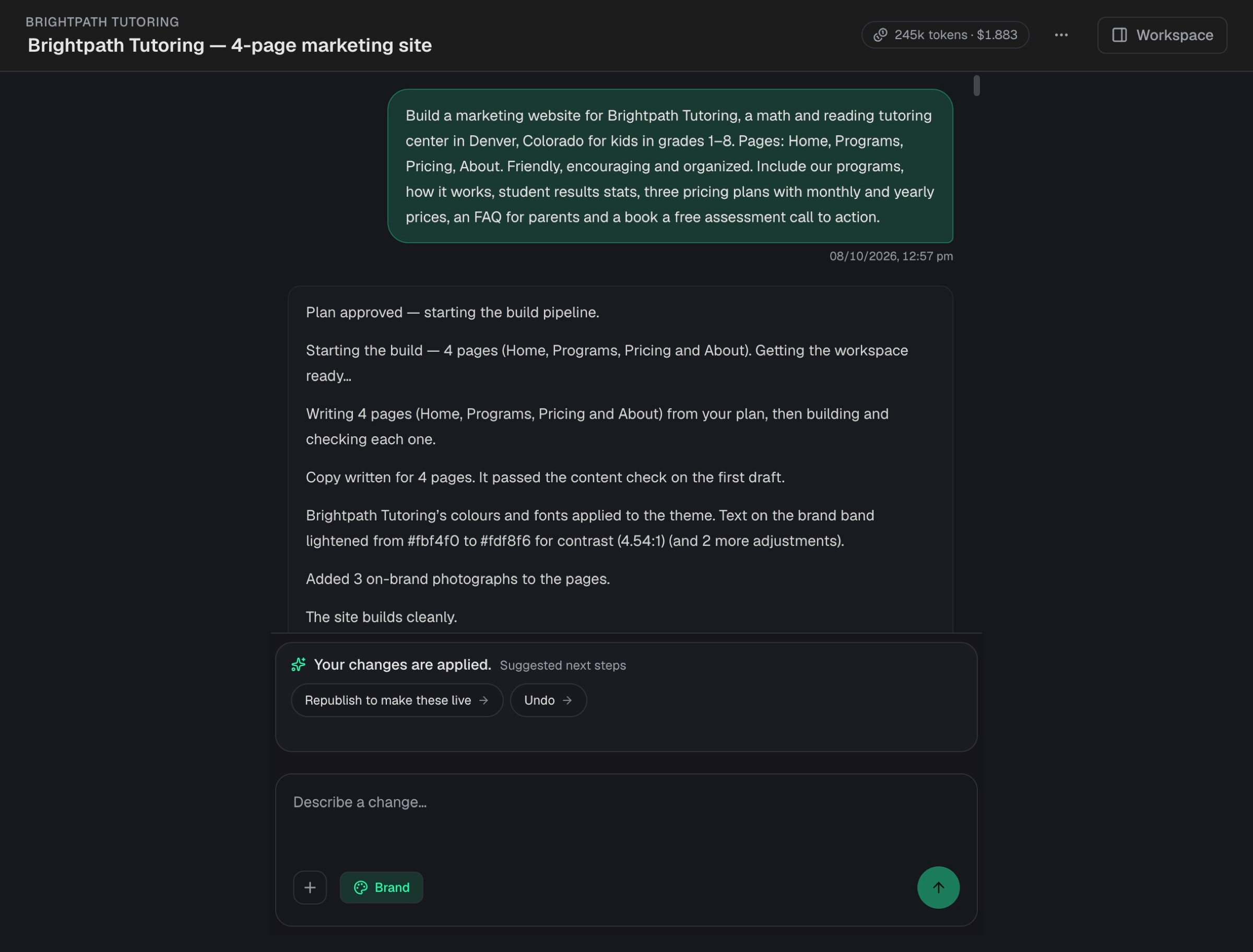Build log for Brightpath Tutoring: plan approved, pages written, content check passed, contrast fixed