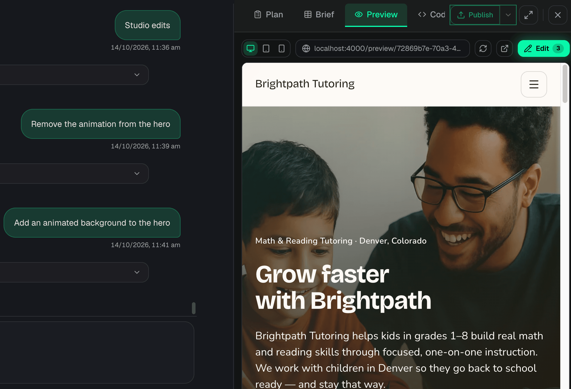 Chat requests beside the live site preview